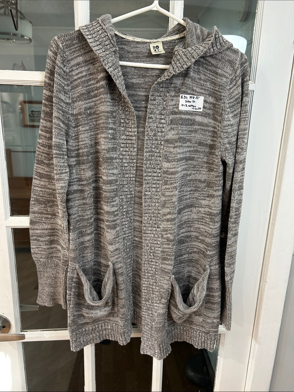 E30.   Roxy Marled Hooded Knit Cardigan in Light Gray